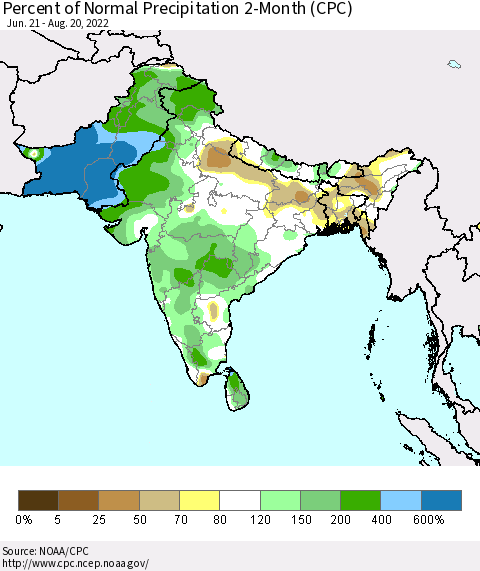 Southern Asia Percent of Normal Precipitation 2-Month (CPC) Thematic Map For 6/21/2022 - 8/20/2022