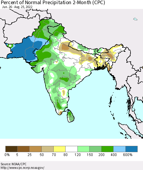 Southern Asia Percent of Normal Precipitation 2-Month (CPC) Thematic Map For 6/26/2022 - 8/25/2022