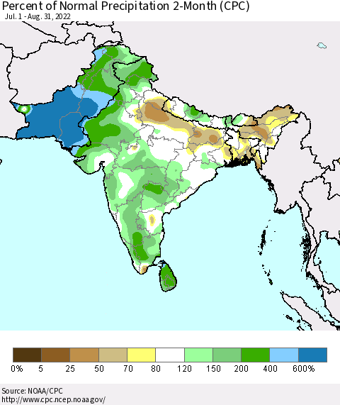 Southern Asia Percent of Normal Precipitation 2-Month (CPC) Thematic Map For 7/1/2022 - 8/31/2022