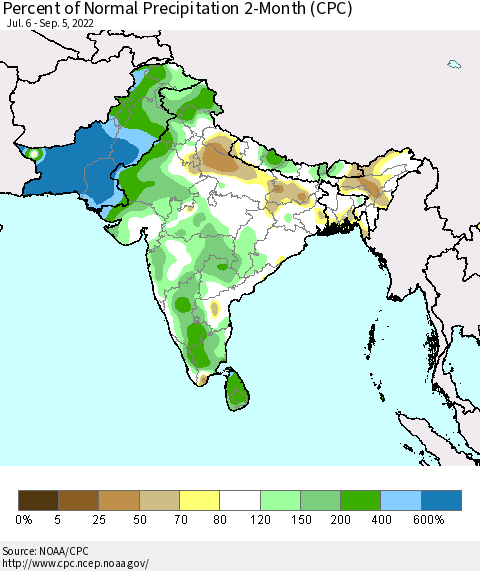 Southern Asia Percent of Normal Precipitation 2-Month (CPC) Thematic Map For 7/6/2022 - 9/5/2022