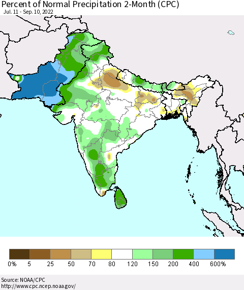 Southern Asia Percent of Normal Precipitation 2-Month (CPC) Thematic Map For 7/11/2022 - 9/10/2022