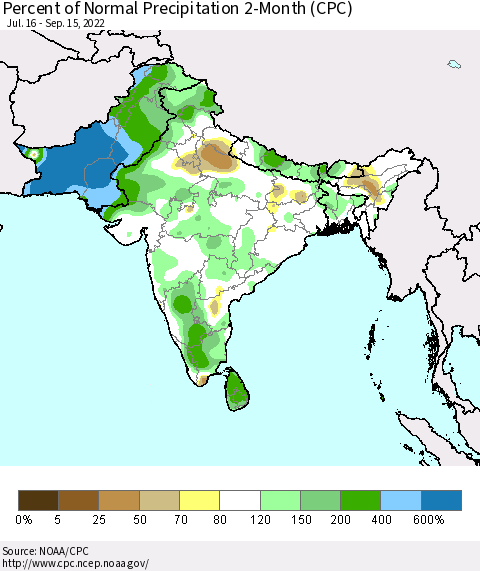 Southern Asia Percent of Normal Precipitation 2-Month (CPC) Thematic Map For 7/16/2022 - 9/15/2022
