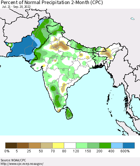 Southern Asia Percent of Normal Precipitation 2-Month (CPC) Thematic Map For 7/21/2022 - 9/20/2022