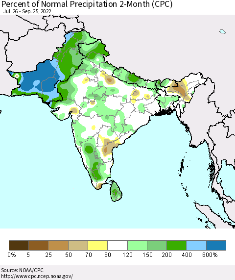 Southern Asia Percent of Normal Precipitation 2-Month (CPC) Thematic Map For 7/26/2022 - 9/25/2022