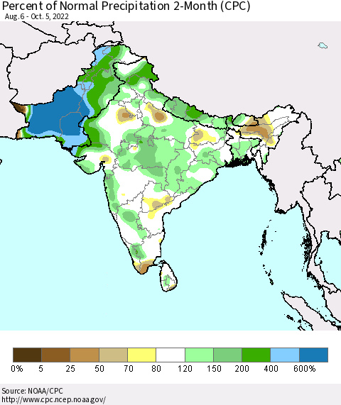 Southern Asia Percent of Normal Precipitation 2-Month (CPC) Thematic Map For 8/6/2022 - 10/5/2022