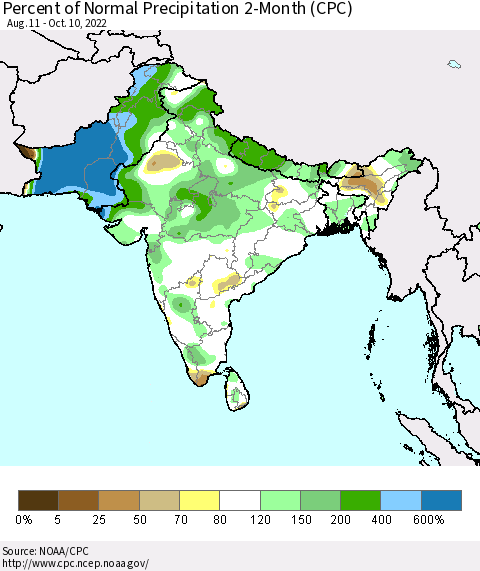 Southern Asia Percent of Normal Precipitation 2-Month (CPC) Thematic Map For 8/11/2022 - 10/10/2022