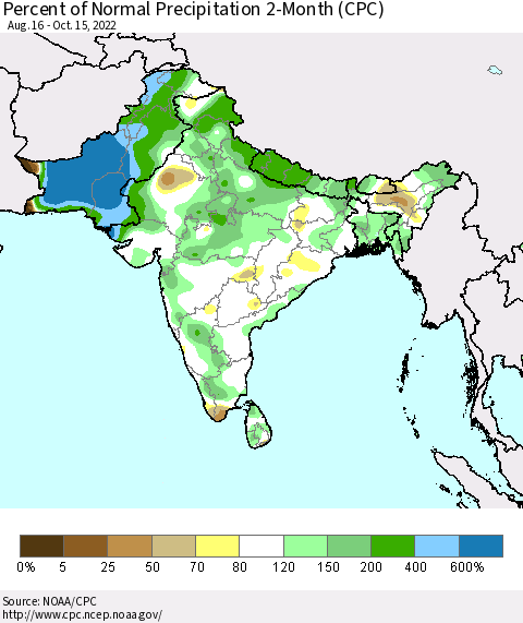 Southern Asia Percent of Normal Precipitation 2-Month (CPC) Thematic Map For 8/16/2022 - 10/15/2022