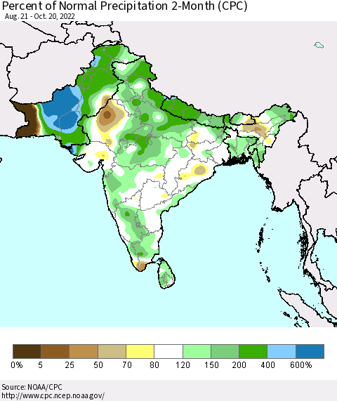 Southern Asia Percent of Normal Precipitation 2-Month (CPC) Thematic Map For 8/21/2022 - 10/20/2022