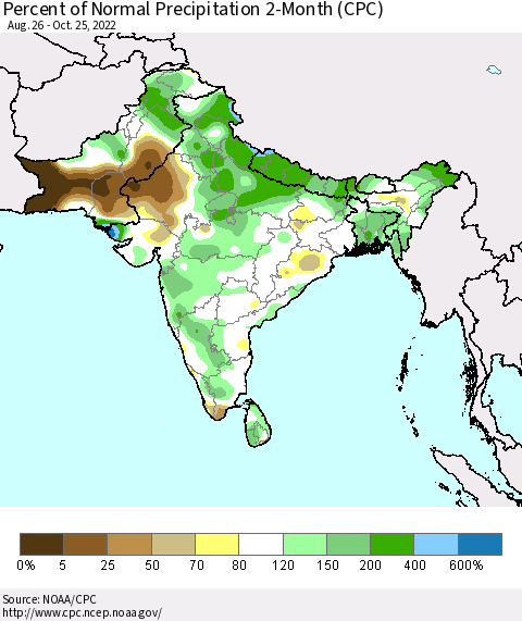 Southern Asia Percent of Normal Precipitation 2-Month (CPC) Thematic Map For 8/26/2022 - 10/25/2022
