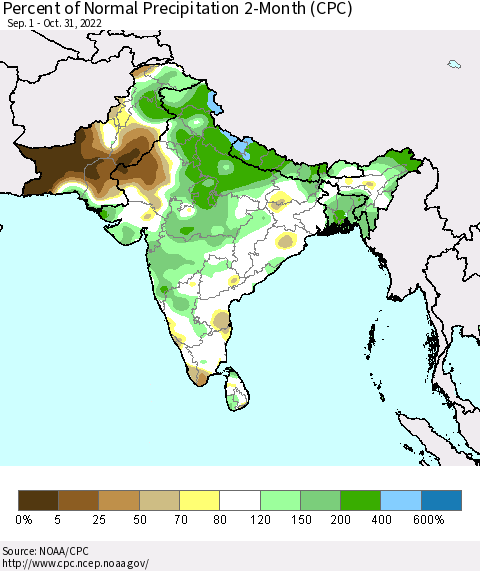 Southern Asia Percent of Normal Precipitation 2-Month (CPC) Thematic Map For 9/1/2022 - 10/31/2022