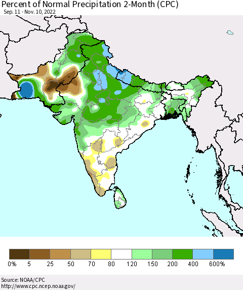 Southern Asia Percent of Normal Precipitation 2-Month (CPC) Thematic Map For 9/11/2022 - 11/10/2022