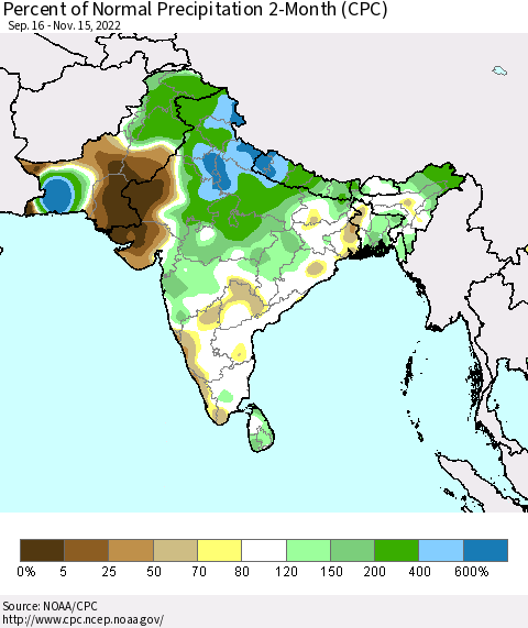 Southern Asia Percent of Normal Precipitation 2-Month (CPC) Thematic Map For 9/16/2022 - 11/15/2022