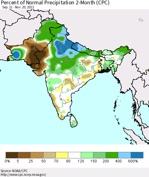 Southern Asia Percent of Normal Precipitation 2-Month (CPC) Thematic Map For 9/21/2022 - 11/20/2022