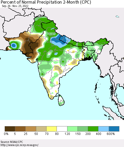 Southern Asia Percent of Normal Precipitation 2-Month (CPC) Thematic Map For 9/26/2022 - 11/25/2022