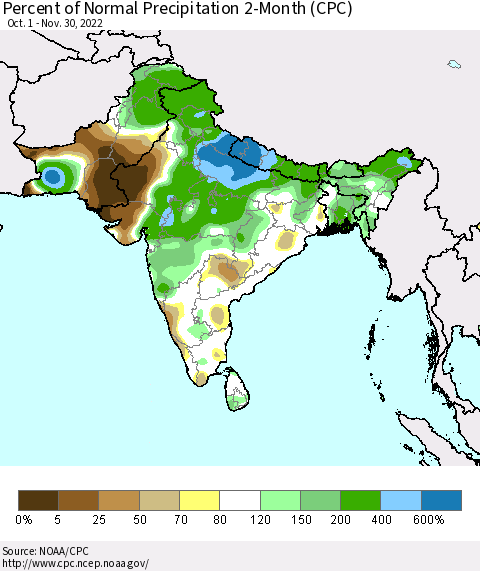 Southern Asia Percent of Normal Precipitation 2-Month (CPC) Thematic Map For 10/1/2022 - 11/30/2022