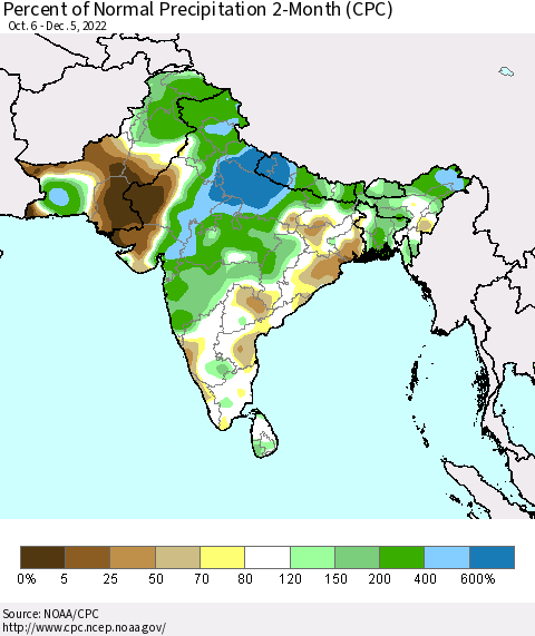 Southern Asia Percent of Normal Precipitation 2-Month (CPC) Thematic Map For 10/6/2022 - 12/5/2022