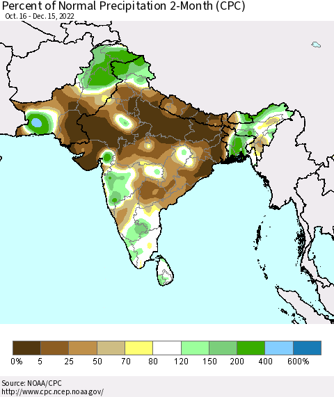 Southern Asia Percent of Normal Precipitation 2-Month (CPC) Thematic Map For 10/16/2022 - 12/15/2022