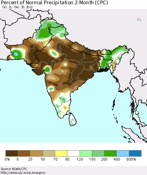 Southern Asia Percent of Normal Precipitation 2-Month (CPC) Thematic Map For 10/21/2022 - 12/20/2022