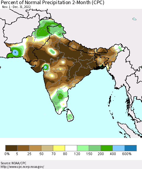 Southern Asia Percent of Normal Precipitation 2-Month (CPC) Thematic Map For 11/1/2022 - 12/31/2022