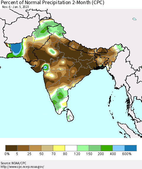Southern Asia Percent of Normal Precipitation 2-Month (CPC) Thematic Map For 11/6/2022 - 1/5/2023