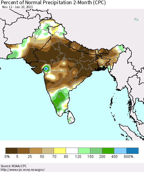 Southern Asia Percent of Normal Precipitation 2-Month (CPC) Thematic Map For 11/11/2022 - 1/10/2023