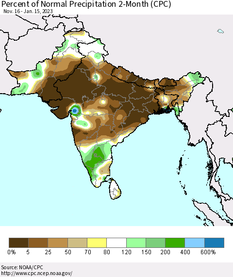 Southern Asia Percent of Normal Precipitation 2-Month (CPC) Thematic Map For 11/16/2022 - 1/15/2023