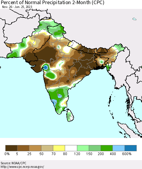 Southern Asia Percent of Normal Precipitation 2-Month (CPC) Thematic Map For 11/26/2022 - 1/25/2023