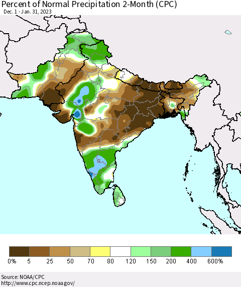 Southern Asia Percent of Normal Precipitation 2-Month (CPC) Thematic Map For 12/1/2022 - 1/31/2023