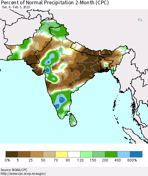 Southern Asia Percent of Normal Precipitation 2-Month (CPC) Thematic Map For 12/6/2022 - 2/5/2023