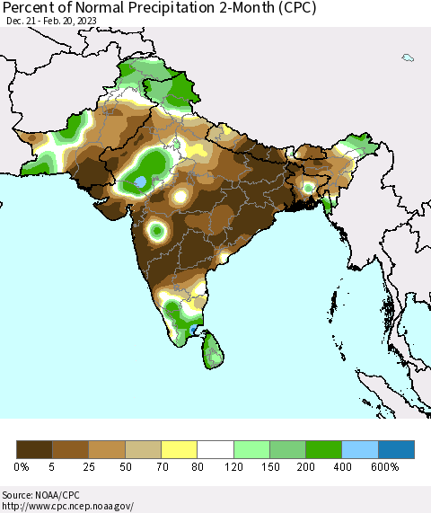 Southern Asia Percent of Normal Precipitation 2-Month (CPC) Thematic Map For 12/21/2022 - 2/20/2023