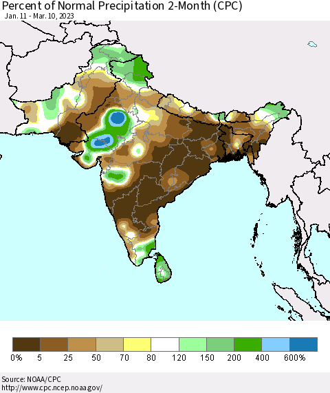 Southern Asia Percent of Normal Precipitation 2-Month (CPC) Thematic Map For 1/11/2023 - 3/10/2023