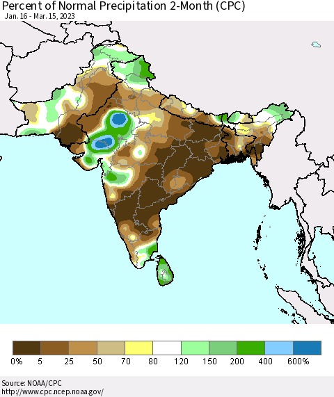 Southern Asia Percent of Normal Precipitation 2-Month (CPC) Thematic Map For 1/16/2023 - 3/15/2023