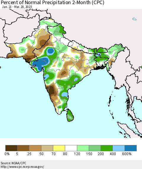 Southern Asia Percent of Normal Precipitation 2-Month (CPC) Thematic Map For 1/21/2023 - 3/20/2023