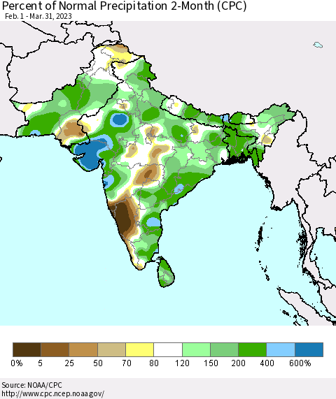 Southern Asia Percent of Normal Precipitation 2-Month (CPC) Thematic Map For 2/1/2023 - 3/31/2023