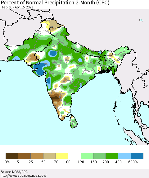 Southern Asia Percent of Normal Precipitation 2-Month (CPC) Thematic Map For 2/16/2023 - 4/15/2023