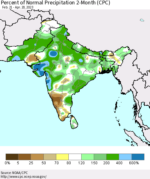 Southern Asia Percent of Normal Precipitation 2-Month (CPC) Thematic Map For 2/21/2023 - 4/20/2023