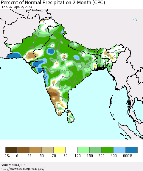 Southern Asia Percent of Normal Precipitation 2-Month (CPC) Thematic Map For 2/26/2023 - 4/25/2023
