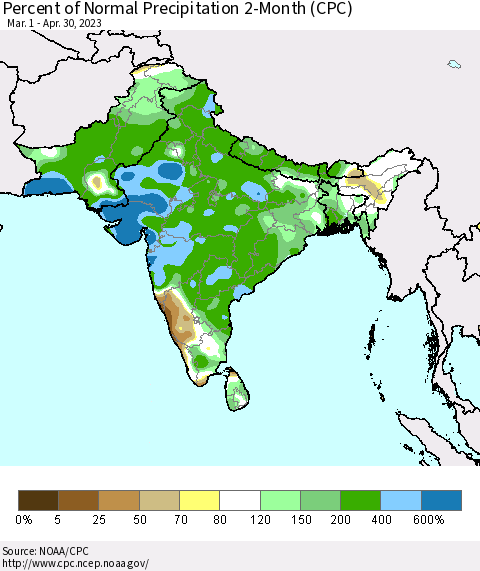 Southern Asia Percent of Normal Precipitation 2-Month (CPC) Thematic Map For 3/1/2023 - 4/30/2023