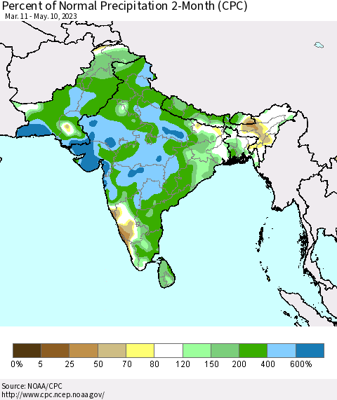 Southern Asia Percent of Normal Precipitation 2-Month (CPC) Thematic Map For 3/11/2023 - 5/10/2023