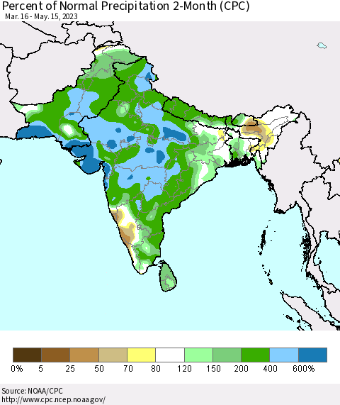 Southern Asia Percent of Normal Precipitation 2-Month (CPC) Thematic Map For 3/16/2023 - 5/15/2023