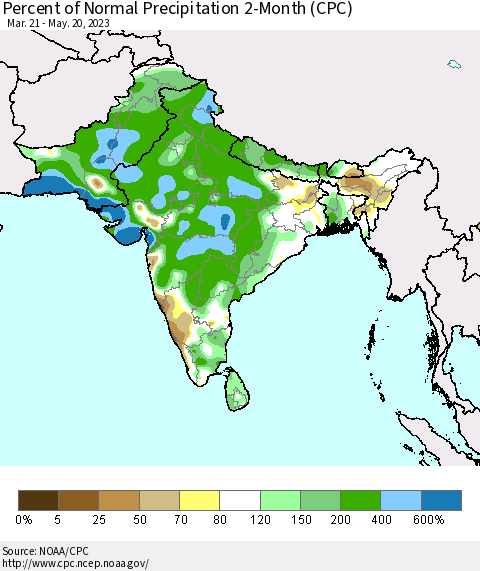 Southern Asia Percent of Normal Precipitation 2-Month (CPC) Thematic Map For 3/21/2023 - 5/20/2023