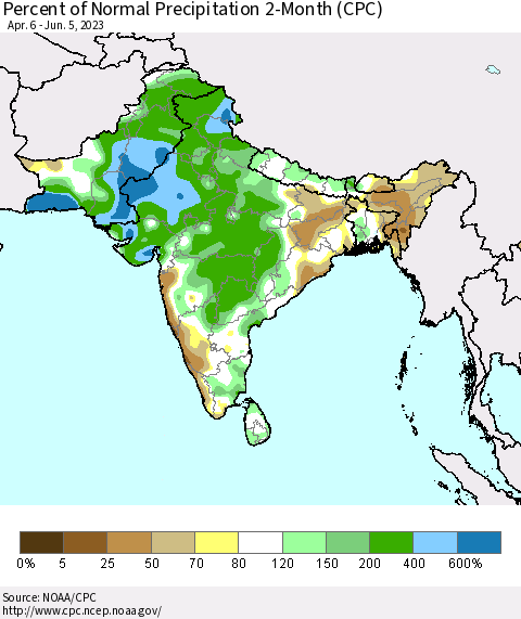 Southern Asia Percent of Normal Precipitation 2-Month (CPC) Thematic Map For 4/6/2023 - 6/5/2023