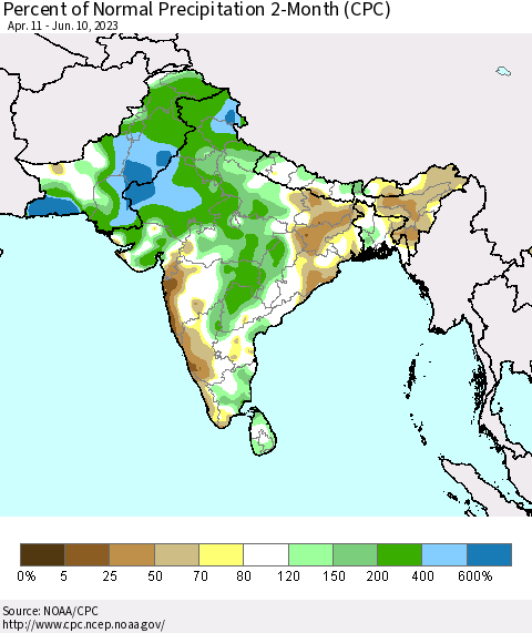 Southern Asia Percent of Normal Precipitation 2-Month (CPC) Thematic Map For 4/11/2023 - 6/10/2023