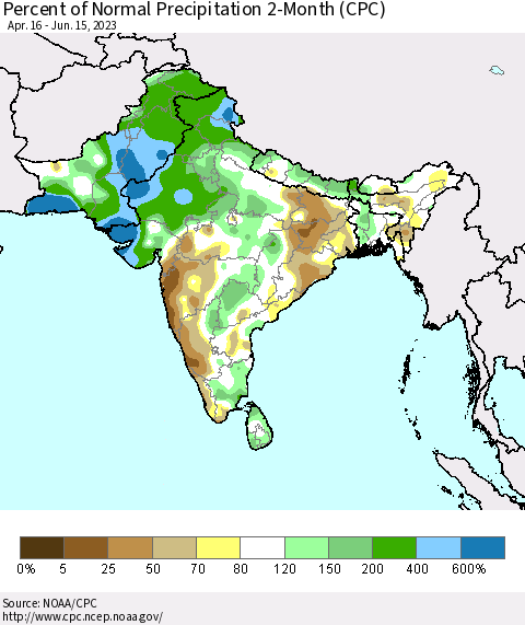Southern Asia Percent of Normal Precipitation 2-Month (CPC) Thematic Map For 4/16/2023 - 6/15/2023