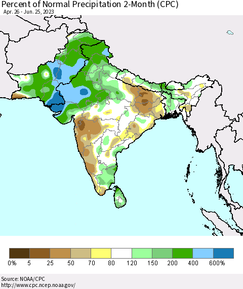 Southern Asia Percent of Normal Precipitation 2-Month (CPC) Thematic Map For 4/26/2023 - 6/25/2023