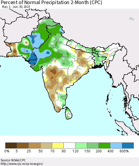 Southern Asia Percent of Normal Precipitation 2-Month (CPC) Thematic Map For 5/1/2023 - 6/30/2023