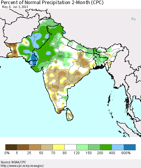 Southern Asia Percent of Normal Precipitation 2-Month (CPC) Thematic Map For 5/6/2023 - 7/5/2023