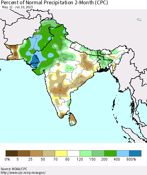 Southern Asia Percent of Normal Precipitation 2-Month (CPC) Thematic Map For 5/11/2023 - 7/10/2023