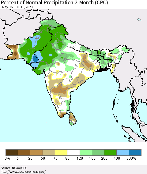 Southern Asia Percent of Normal Precipitation 2-Month (CPC) Thematic Map For 5/16/2023 - 7/15/2023