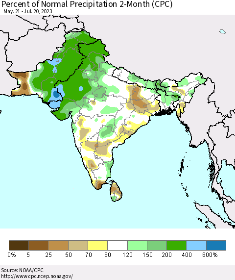 Southern Asia Percent of Normal Precipitation 2-Month (CPC) Thematic Map For 5/21/2023 - 7/20/2023